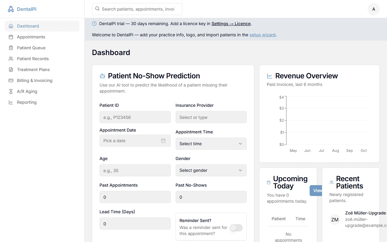 DentalPi dashboard after first sign-in